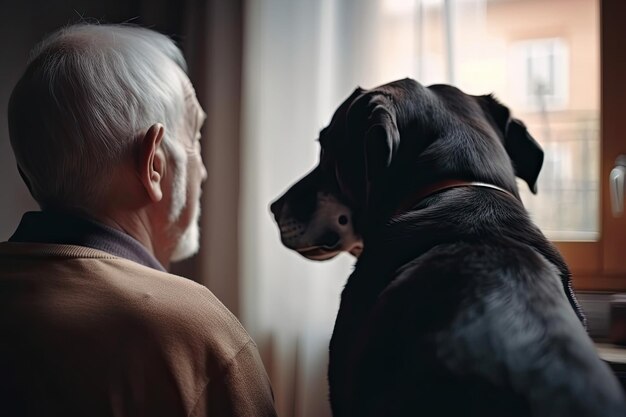 Allein älterer Mann sitzt am Fenster mit Hund Generative KI