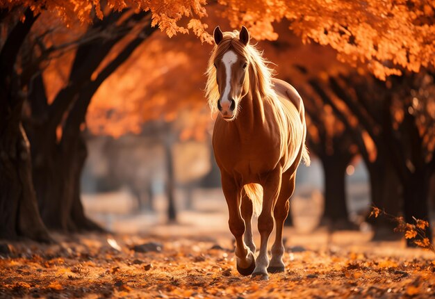 Foto allein braunes pferd im bunten herbstpark