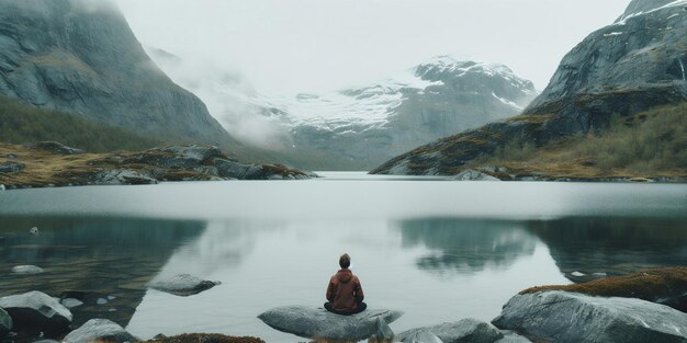 Foto allein der mann reist in die natur zurück bergwasser see wandern kap gelb generative ki