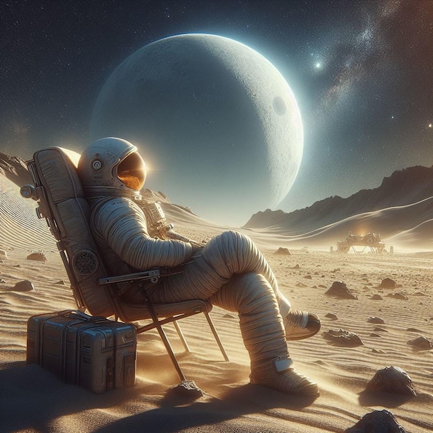Allein in der Weite Betrachtet der Astronaut die Existenz, sitzend auf einem Stuhl in der Wüste