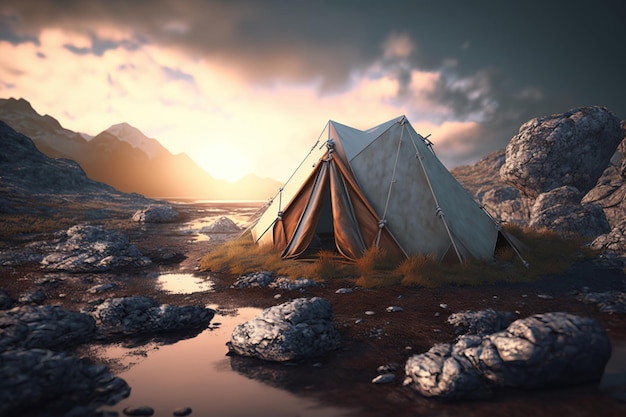 Allein Zelt aufgeschlagen auf einem Berg Camping an der Spitze der Welt