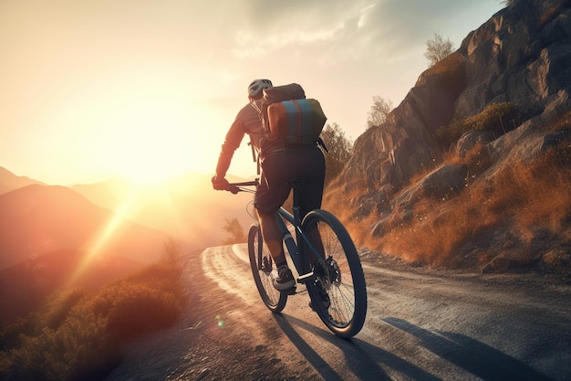 Alleinreisende Radfahrer in einem wunderschönen Bergstraßensonnenuntergang