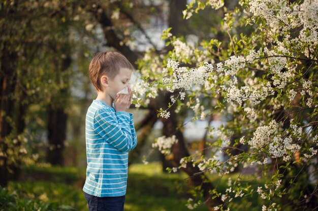 Allergie-Konzept. Kleiner Junge putzt seine Nase nahe blühenden Blumen