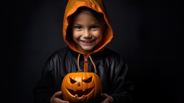 Alles Gute an Halloween, süßes Kind mit einem Halloween-Kürbis