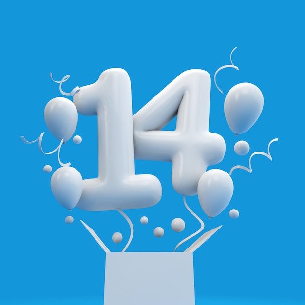 Alles Gute zum 14. Geburtstag Überraschungsballon und Box 3D-Rendering