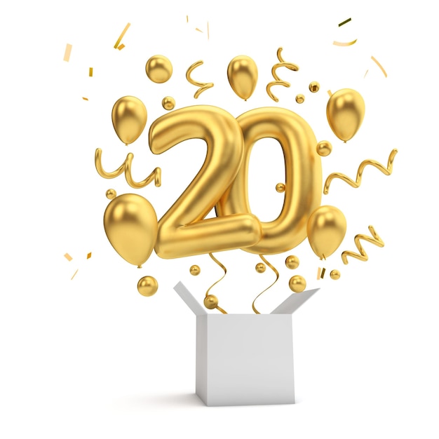 Alles Gute zum 20. Geburtstag, goldener Überraschungsballon und Box 3D-Rendering