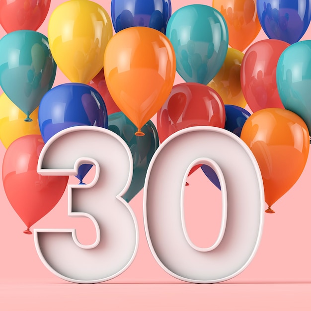 Alles Gute zum 30. Geburtstag Hintergrund mit bunten Luftballons 3D-Rendering