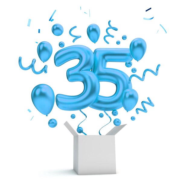 Alles Gute zum 35. Geburtstag, blauer Überraschungsballon und Box 3D-Rendering