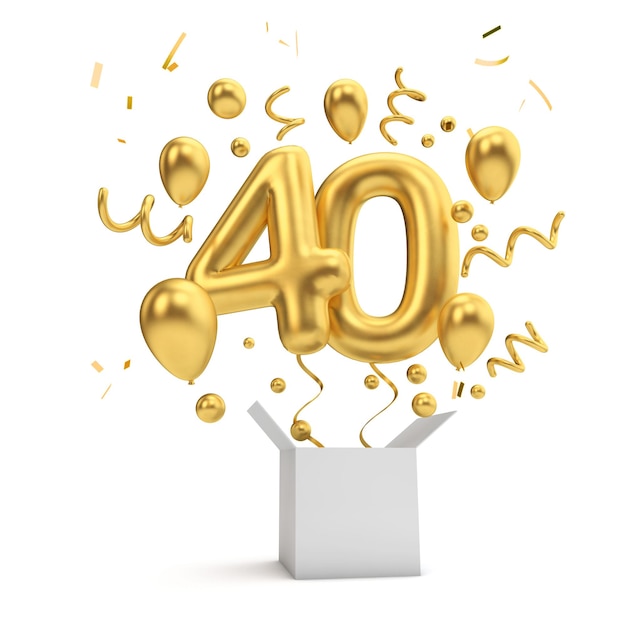 Alles Gute zum 40. Geburtstag, goldener Überraschungsballon und Box 3D-Rendering