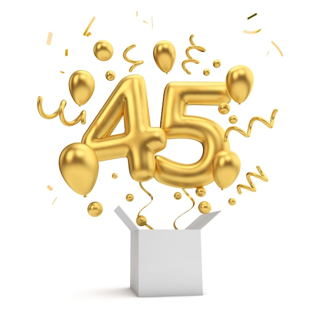 Alles Gute zum 45. Geburtstag, goldener Überraschungsballon und Box 3D-Rendering