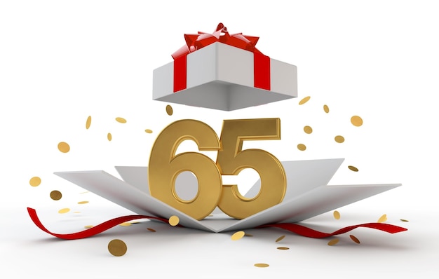 Alles Gute zum 65. Geburtstag, goldene Überraschungsbox mit rotem Band, 3D-Rendering