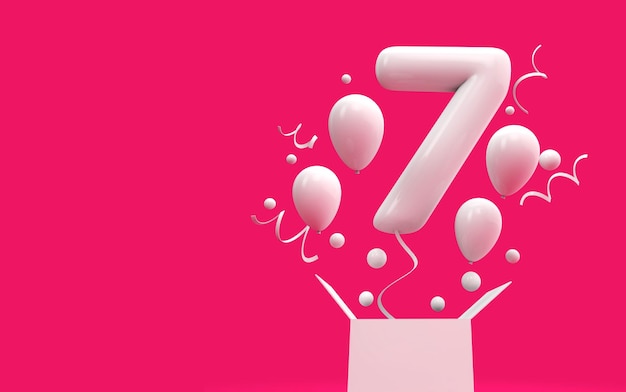 Alles Gute zum 7. Geburtstag Überraschungsballon und Box 3D-Rendering