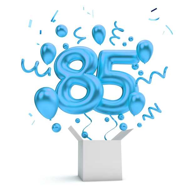 Alles Gute zum 85. Geburtstag, blauer Überraschungsballon und Box 3D-Rendering