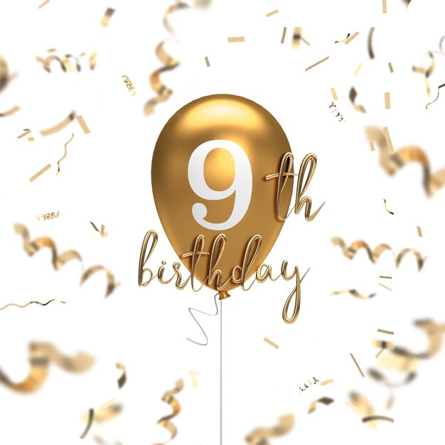 Alles Gute zum 9. Geburtstag mit Goldballon-Grußhintergrund 3D-Rendering