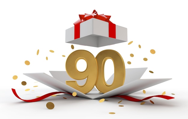 Alles Gute zum 90. Geburtstag, goldene Überraschungsbox mit rotem Band, 3D-Rendering