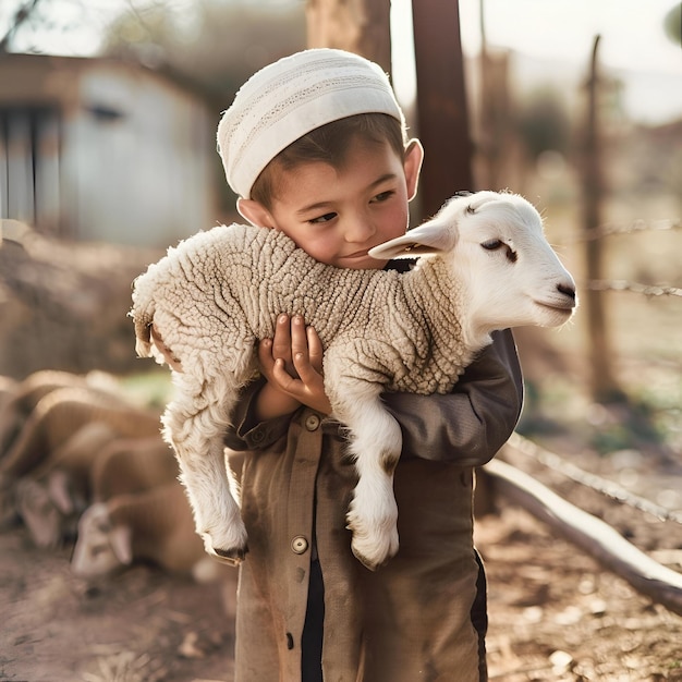 Alles Gute zum Eid al-Adha Mubarak mit Porträt eines kleinen Jungen mit Schafen Hintergrund der Eid-al-Adha-Feier