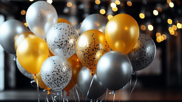Alles Gute zum Geburtstag goldene und silberne Ballons mit Konfetti 3D-Rendering 4k Ultra hd