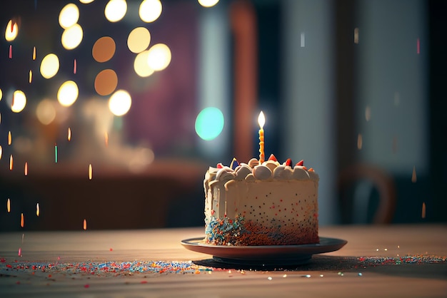 Alles Gute zum Geburtstag Grußkarte mit Kuchen in Bokeh Hintergrund Generative AI