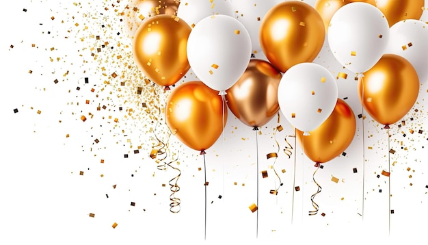 Alles Gute zum Geburtstag mit Luxusballons und Konfetti auf goldweißem Hintergrund