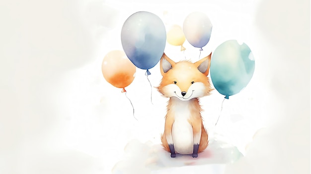 Alles Gute zum Geburtstag, süßer Fuchs mit Luftballon. Illustration. Nachverarbeitetes, von der KI generiertes Bild