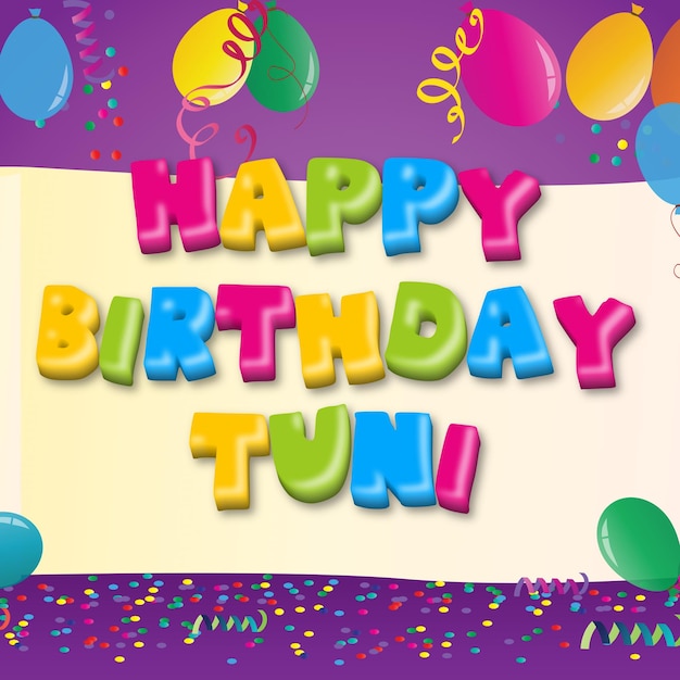 Alles Gute zum Geburtstag Tuni Gold Konfetti Cute Ballon Karte Foto Text Effekt.