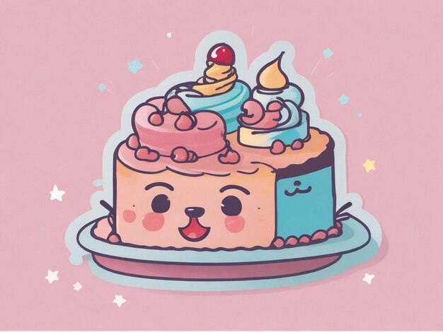 Alles Gute zum Geburtstagskuchen, glückliches Kuchendessert mit Gesicht, süßes Geburtstagskarten-Aufklebersymbol im Kawaii-Stil