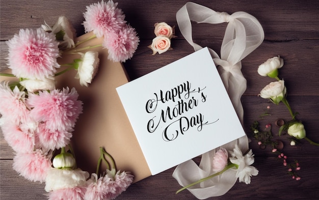 Alles Gute zum Muttertag Grußkarten-Papiernotiz mit schönen Blumen auf hölzernem Hintergrund Draufsicht
