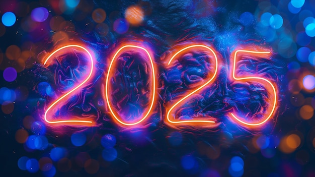 Foto alles gute zum neuen jahr 2025 leuchtend leuchtende neon-typografie-zahlen-design