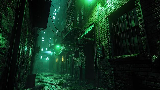 Alley urbana iluminada por néon para uma atmosfera misteriosa Alley urbana enigmática banhada em luzes de néon para um ambiente misterioso