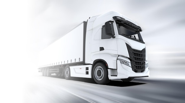 Allgemeine und markenlose weiße LKW-Geschwindigkeitsfahrt auf weißem Hintergrund, 3D-Illustration
