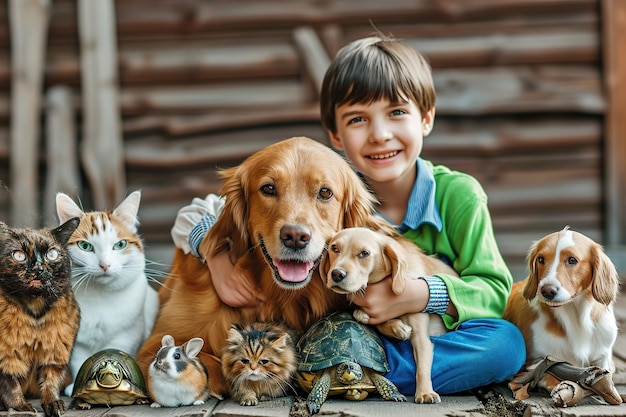 Allgemeines Foto von Jungen mit vielen Arten von Haustieren wie Katze Hund Fisch Hamster Schildkröte Kaninchen Papagei.