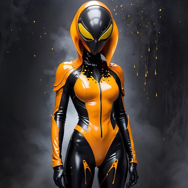 Foto allí estaba una cautivadora mujer alienígena disfrazada de un llamativo traje naranja que parecía brillar