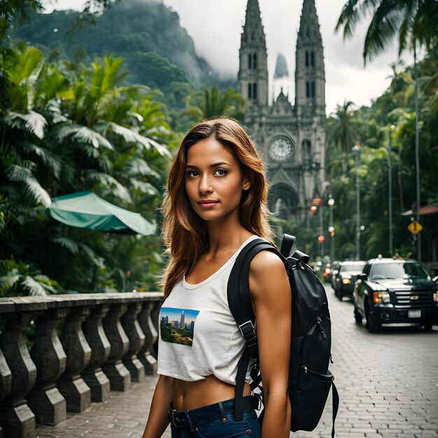 Allí estaba una hermosa y elegante turista equipada con una mochila de viaje de itinerancia