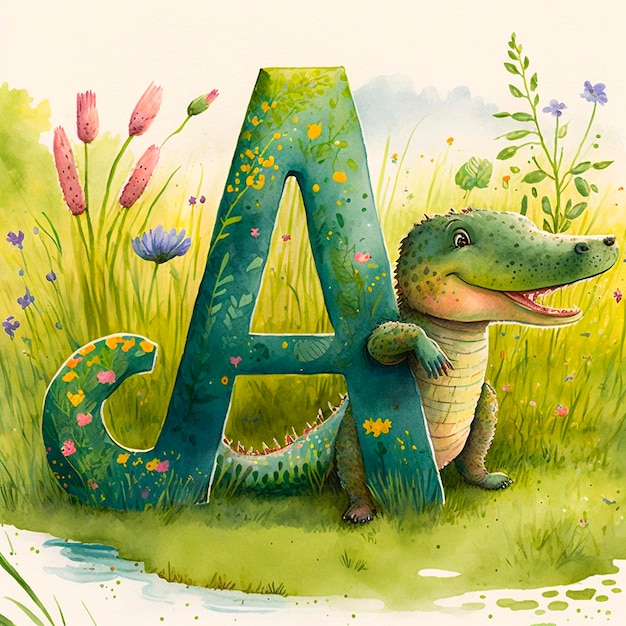 Alligador e Letra A Explorando a Natureza e Aprendendo o Alfabeto ilustração de aquarela para crianças ABC