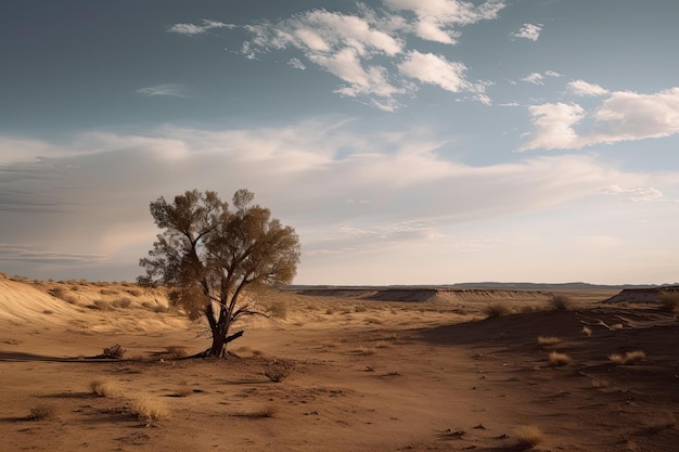 Allmählich verwelkender, ausgedehnter einzelner Baum, der sich mit der rauen, trockenen Umgebung auseinandersetzt. Generative KI