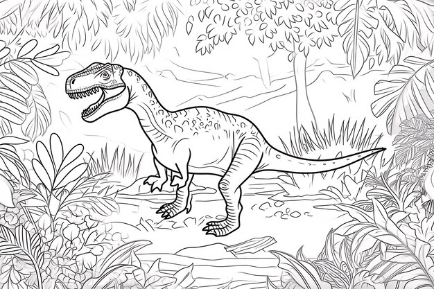 Foto allosaurus dinosaurio negro blanco lineal doodles arte de línea página para colorear libro para niños