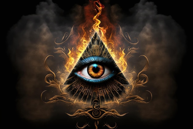 Allsehendes Auge umgeben von Flammen und Rauch auf schwarzem Hintergrund, erstellt mit generativer KI