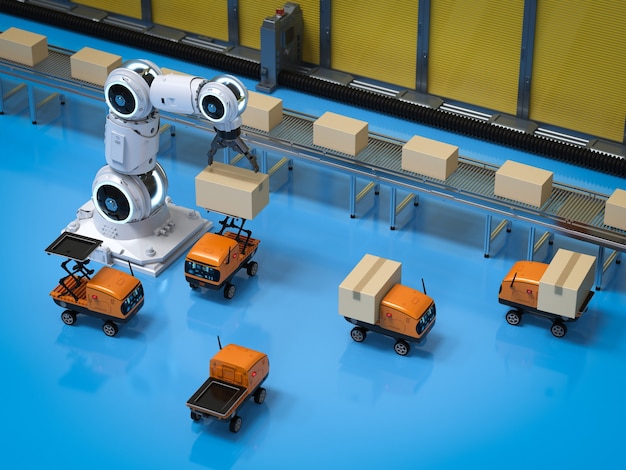 Almacén de automatización con robots de entrega para llevar cajas.