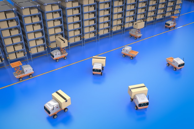 Almacén de automatización con robots de entrega para llevar cajas.