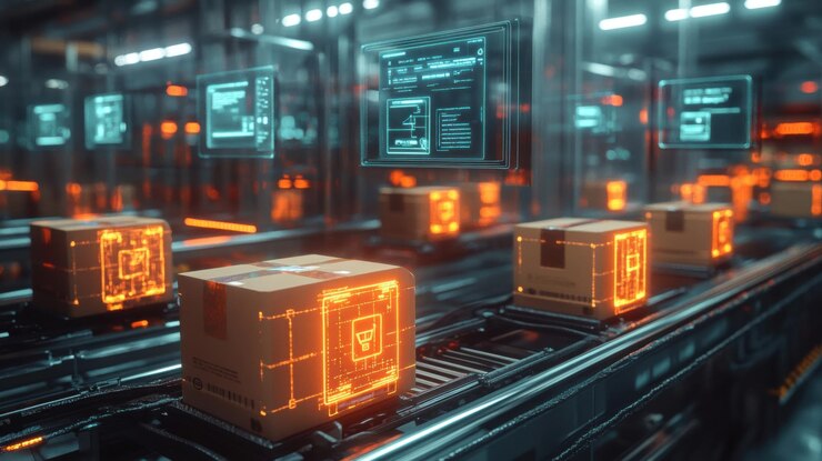 Foto almacén automatizado futurista con seguimiento de paquetes de realidad aumentada