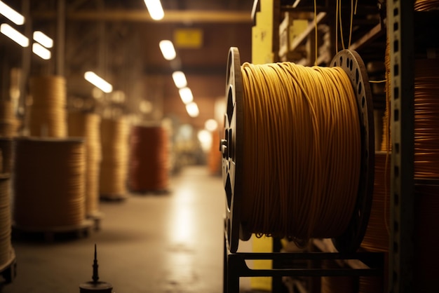 Almacén con cable eléctrico de bobina de madera