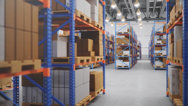 Almacén con cajas de cartón en el interior sobre racks de palets, centro logístico. Enorme, gran almacén moderno. Almacén lleno de cajas de cartón en estantes, soporte de cajas en palets, Ilustración 3D