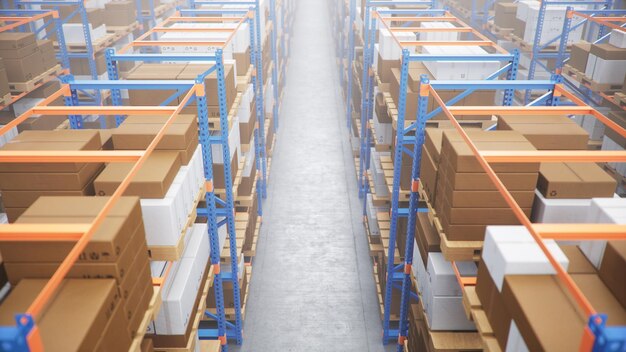 Almacén con cajas de cartón en el interior sobre racks de palets, centro logístico. Enorme, gran almacén moderno. Almacén lleno de cajas de cartón en estantes, soporte de cajas en palets, Ilustración 3D