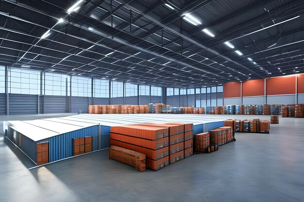 Foto un almacén con cajas naranjas en el medio y una grande en el medio.