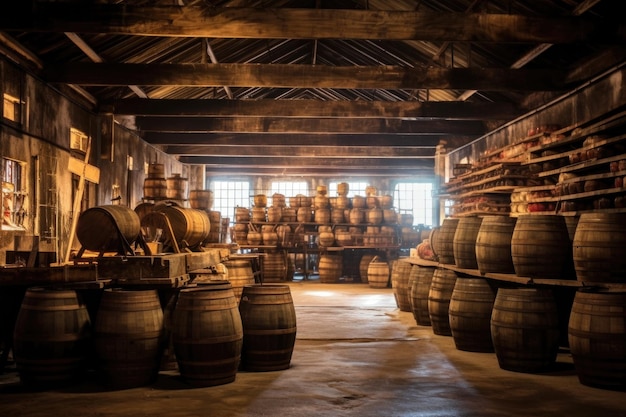 Foto almacén de destilería lleno de barriles de whisky apilados creados con ai generativa