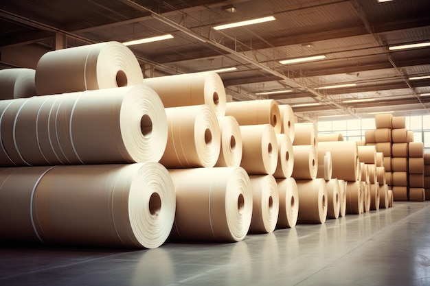 En el almacén de la fábrica se almacenan enormes rollos de papel Producción de papel industrial Productos terminados de una planta de procesamiento de papel