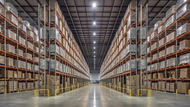 Almacén de gran distribución de IA generativa con estantes altos