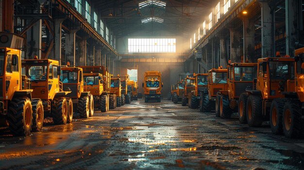 Almacén industrial con filas simétricas de vehículos de construcción