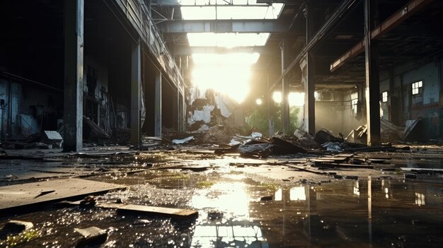 Foto un almacén interior espeluznante abandonado dañado por una inundación por la mañana con la luz del sol entrando
