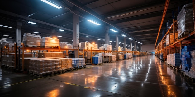 Un almacén lleno de cajas y paletas